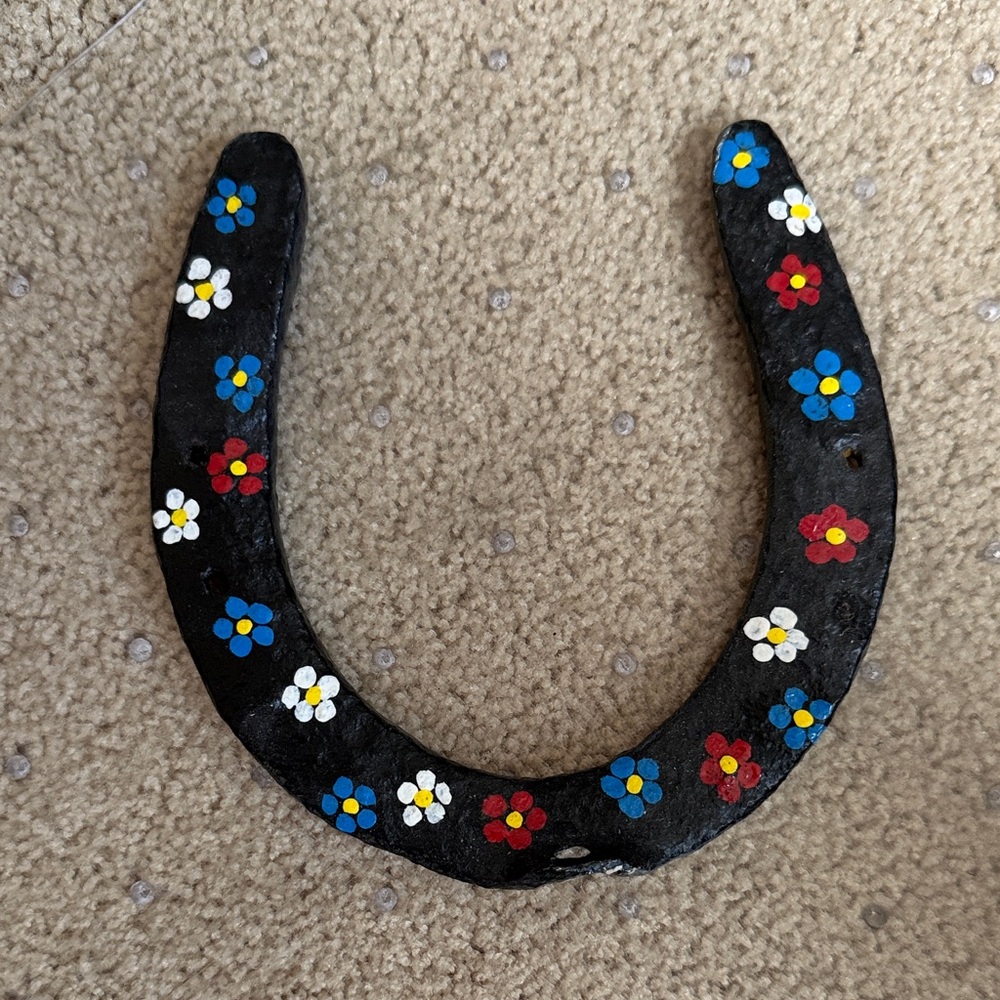 Hand-Painted Black Horseshoe with Red, Blue & White Flowers